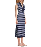 Jude Connally Kristen Striped Print Jude Cloth Stretch Knit Wrinkle-Free Split V-Neck Sleeveless A-Line Midi Dress