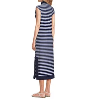 Jude Connally Kristen Striped Print Jude Cloth Stretch Knit Wrinkle-Free Split V-Neck Sleeveless A-Line Midi Dress
