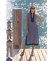Jude Connally Kristen Striped Print Jude Cloth Stretch Knit Wrinkle-Free Split V-Neck Sleeveless A-Line Midi Dress