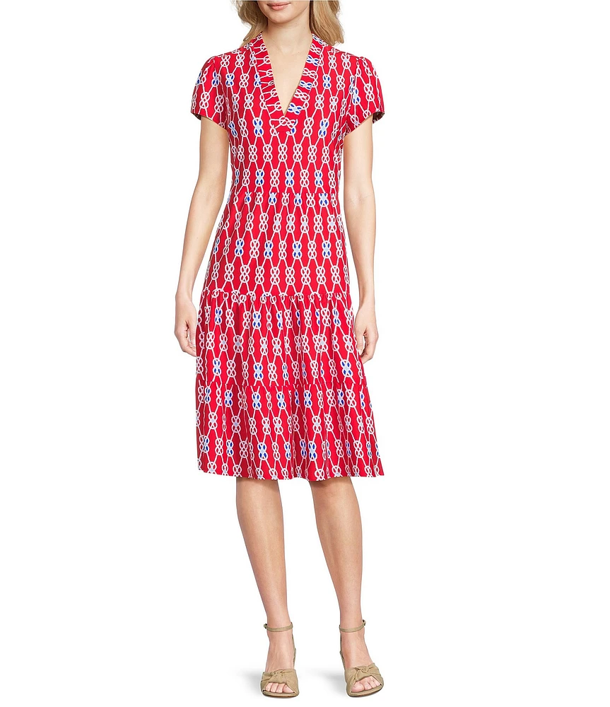 Jude Connally Libby Everyday Sailors Knot Print Jude Cloth Stretch Knit V-Neck Short Puff Sleeve A-Line Tiered Midi Dress