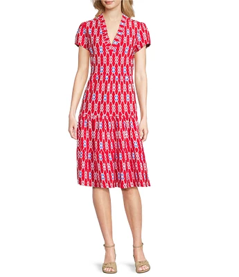 Jude Connally Libby Everyday Sailors Knot Print Jude Cloth Stretch Knit V-Neck Short Puff Sleeve A-Line Tiered Midi Dress