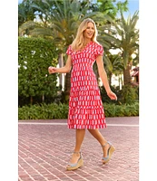 Jude Connally Libby Everyday Sailors Knot Print Jude Cloth Stretch Knit V-Neck Short Puff Sleeve A-Line Tiered Midi Dress