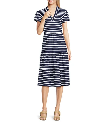 Jude Connally Libby Everyday Stripe Print Jude Cloth Stretch Knit V-Neck Short Puff Sleeve A-Line Tiered Dress