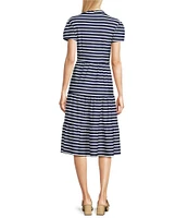 Jude Connally Libby Everyday Stripe Print Jude Cloth Stretch Knit V-Neck Short Puff Sleeve A-Line Tiered Dress
