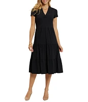 Jude Connally Libby Solid Jude Cloth Stretch Knit Wrinkle Free V-Neck Short Puffed Sleeve A-Line Tiered Midi Dress