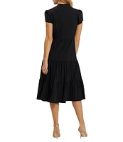 Jude Connally Libby Solid Jude Cloth Stretch Knit Wrinkle Free V-Neck Short Puffed Sleeve A-Line Tiered Midi Dress