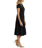 Jude Connally Libby Solid Jude Cloth Stretch Knit Wrinkle Free V-Neck Short Puffed Sleeve A-Line Tiered Midi Dress