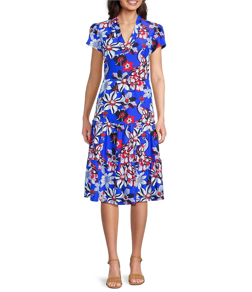 Jude Connally Libby Twirling Peacock Print Jude Cloth Stretch Knit V-Neck Short Puff Sleeve A-Line Tiered Midi Dress