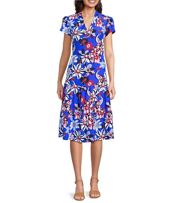 Jude Connally Libby Twirling Peacock Print Jude Cloth Stretch Knit V-Neck Short Puff Sleeve A-Line Tiered Midi Dress
