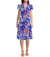 Jude Connally Libby Twirling Peacock Print Jude Cloth Stretch Knit V-Neck Short Puff Sleeve A-Line Tiered Midi Dress