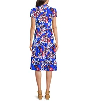 Jude Connally Libby Twirling Peacock Print Jude Cloth Stretch Knit V-Neck Short Puff Sleeve A-Line Tiered Midi Dress