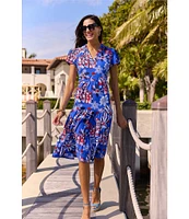 Jude Connally Libby Twirling Peacock Print Jude Cloth Stretch Knit V-Neck Short Puff Sleeve A-Line Tiered Midi Dress