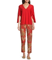 Jude Connally Lucia Classic Mums Print Jude Cloth Stretch Knit Wrinkle-Free Pull-On Coordinating Cropped Pants