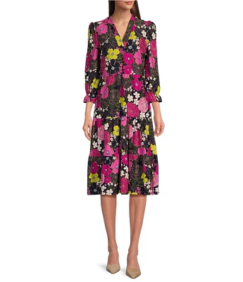 Jude Connally Maggie Autumn Blooms Print Jude Cloth Stretch Knit Split V-Neck A-Line Tiered Dress