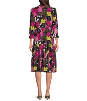 Jude Connally Maggie Autumn Blooms Print Jude Cloth Stretch Knit Split V-Neck A-Line Tiered Dress