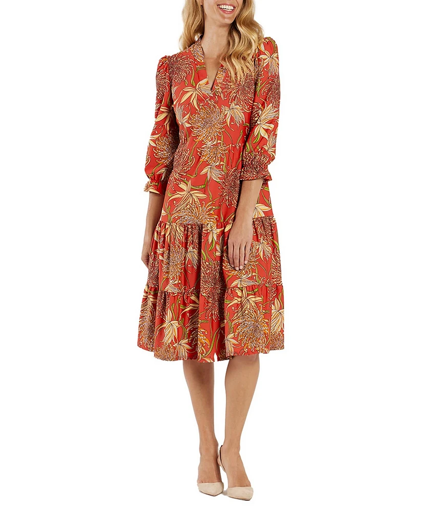 Jude Connally Maggie Classic Mums Print Jude Cloth Stretch Knit Split V-Neck A-Line Tiered Dress