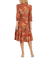 Jude Connally Maggie Classic Mums Print Jude Cloth Stretch Knit Split V-Neck A-Line Tiered Dress