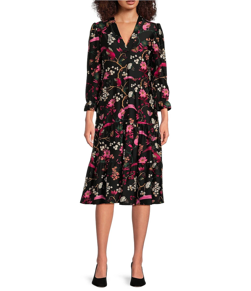 Jude Connally Maggie Floral Menagerie Print Jude Cloth Stretch Knit Wrinkle-Free V-Neck A-Line Tiered Dress