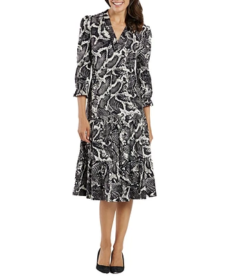 Jude Connally Maggie Python Print Jude Cloth Stretch Knit Split V-Neck A-Line Tiered Dress