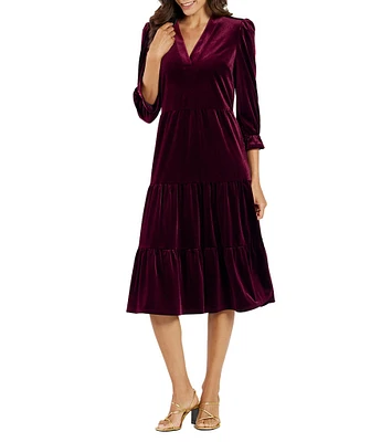 Jude Connally Maggie Velvet Collar V-Neck Long Sleeve Tiered Dress