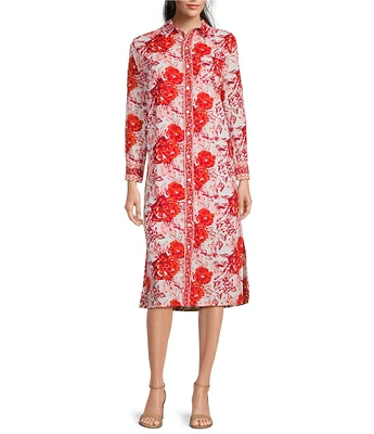 Jude Connally Martha Painted Blooms Print Point Collar Long Sleeve Midi Dress