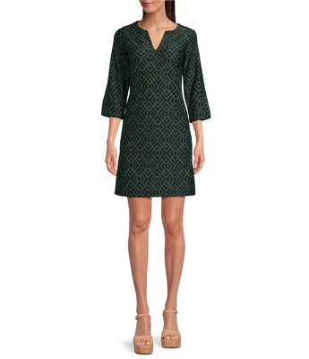 Jude Connally Megan Garden Lattice Navy Loden Jude Cloth Stretch Knit 3/4 Sleeve Shift Dress