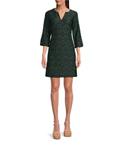 Jude Connally Megan Garden Lattice Navy Loden Jude Cloth Stretch Knit 3/4 Sleeve Shift Dress