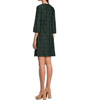 Jude Connally Megan Garden Lattice Navy Loden Jude Cloth Stretch Knit 3/4 Sleeve Shift Dress