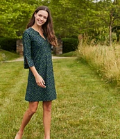 Jude Connally Megan Garden Lattice Navy Loden Jude Cloth Stretch Knit 3/4 Sleeve Shift Dress