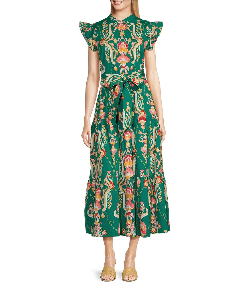 Jude Connally Mirabella Stretch Poplin Tapestry Floral Print Split V-Neck Flutter Sleeve