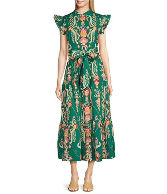 Jude Connally Mirabella Stretch Poplin Tapestry Floral Print Split V-Neck Flutter Sleeve
