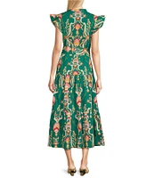 Jude Connally Mirabella Stretch Poplin Tapestry Floral Print Split V-Neck Flutter Sleeve