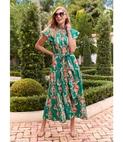 Jude Connally Mirabella Stretch Poplin Tapestry Floral Print Split V-Neck Flutter Sleeve