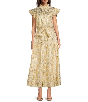 Jude Connally Mirabella Woven Bamboo Rattan Print Split V-Neck Short Flutter Sleeve A-Line Belted Maxi Dress