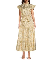 Jude Connally Mirabella Woven Bamboo Rattan Print Split V-Neck Short Flutter Sleeve A-Line Belted Maxi Dress