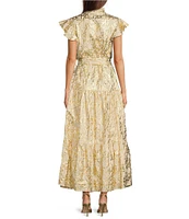 Jude Connally Mirabella Woven Bamboo Rattan Print Split V-Neck Short Flutter Sleeve A-Line Belted Maxi Dress