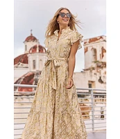 Jude Connally Mirabella Woven Bamboo Rattan Print Split V-Neck Short Flutter Sleeve A-Line Belted Maxi Dress