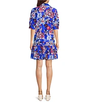 Jude Connally Pagoda Twirling Peacock Print Knit Point Collar V-Neck Short Puff Sleeve Drop Waist Flounce Hem Dress