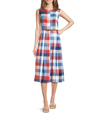 Jude Connally Pauline Montauk Plaid Crew Neck Sleeveless Belted Midi Dress