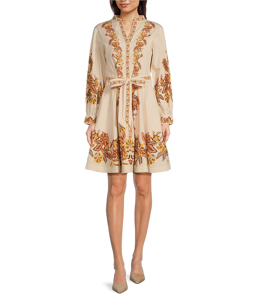 Jude Connally Petra Stretch Poplin Placed Floral Print Mandarin Collar Long Sleeve Belted Shift Dress