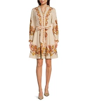 Jude Connally Petra Stretch Poplin Placed Floral Print Mandarin Collar Long Sleeve Belted Shift Dress