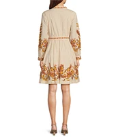 Jude Connally Petra Stretch Poplin Placed Floral Print Mandarin Collar Long Sleeve Belted Shift Dress