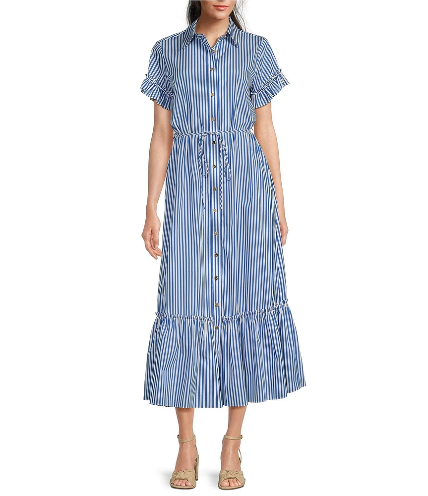 Jude Connally Pippa Stripe Print Point Collar Short Sleeve Midi Dress