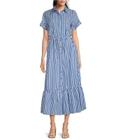 Jude Connally Pippa Stripe Print Point Collar Short Sleeve Midi Dress