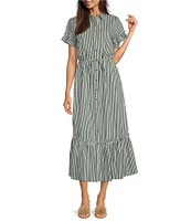 Jude Connally Pippa Stripe Print Point Collar Short Sleeve Midi Dress