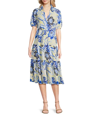 Jude Connally Portia Knit Jude Cloth Blooming Botanics Print V-Neck Tiered Dress