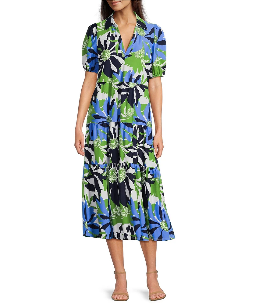Jude Connally Portia Knit Jude Cloth Wild Blossom Print V-Neck Tiered Dress