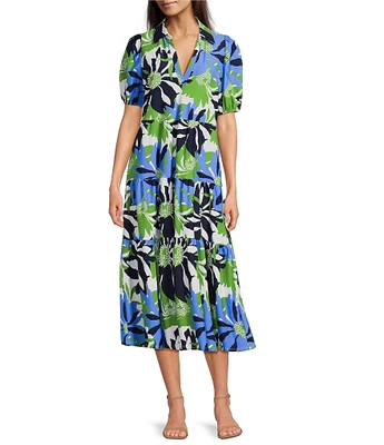 Jude Connally Portia Knit Jude Cloth Wild Blossom Print V-Neck Tiered Dress