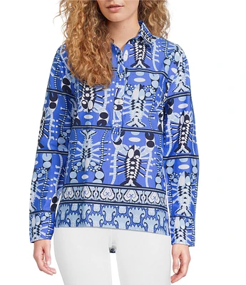 Jude Connally Pru Stretch Poplin Seaside Catch Print Point Collar Long Sleeve Top