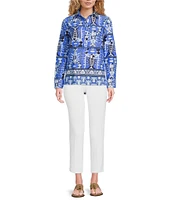 Jude Connally Pru Stretch Poplin Seaside Catch Print Point Collar Long Sleeve Top